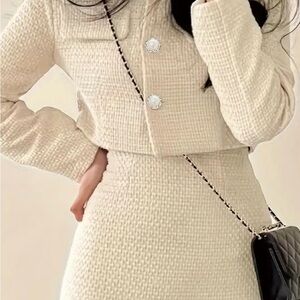 Elegant Cream Skirt set with pearl buttons